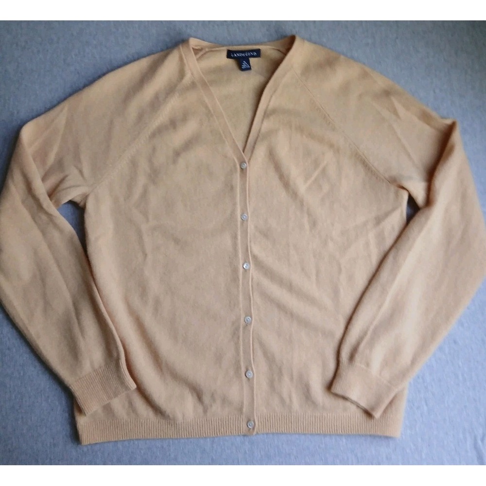 Lands End Sweater Medium Cashmere Cardigan V Neck Peach Layers Vintage